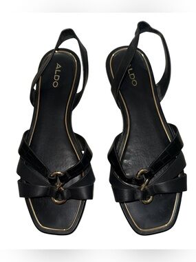 ALDO Black Leather Slingback Sandals with Gold Accents